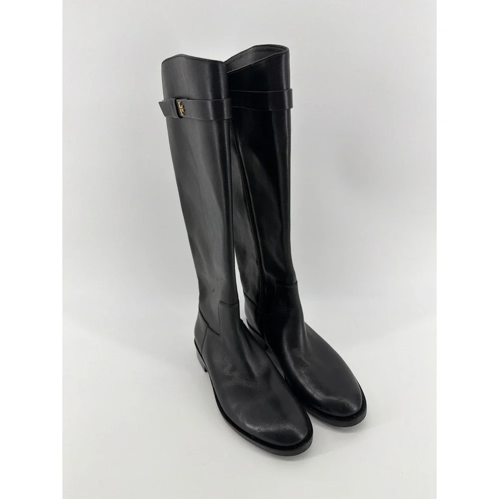 Tory Burch Black Leather Tall Riding‎ Boots Gold Logo Buckle 6W 139174
